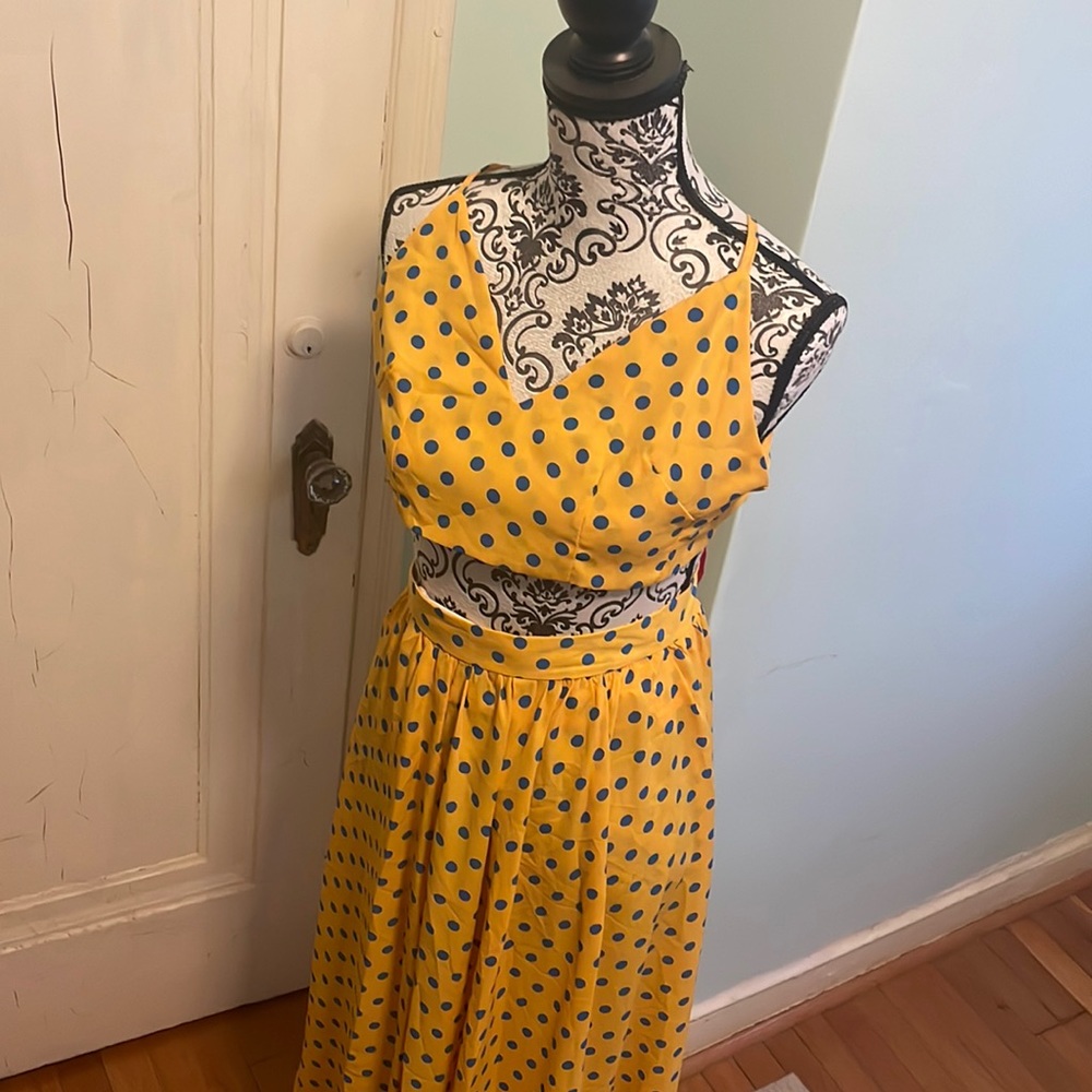 Two piece yellow/blue polka dot maxi skirt/top set